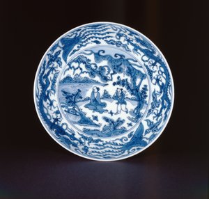 Blått og hvitt fat malt med en salvie og ledsager, Wanli-merke og periode, 1573-90 (porselen)