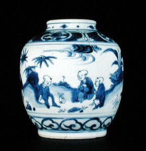 Blå og hvit krukke malt med en gutt med en hare, Wanli eller Chongzheng, 1600-30 (porselen) (se 206093, 206094, 206096)