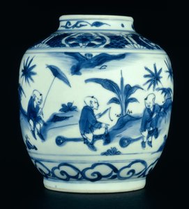 Blå og hvit krukke malt med gutter som leker på hobbyhester, Wanli eller Chongzheng, 1600-30 (porselen) (se 206093, 206095, 206096)