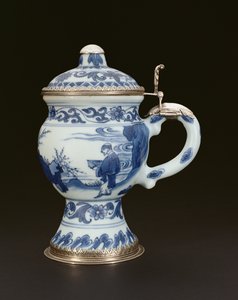 Blå og hvit sennepsgryte med deksel malt med en lærd og ledsager, Chongzheng, 1635-40 (porselen)