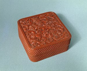 Utskåret boks, 1700-tallet (cinnaber lakk) av Chinese School