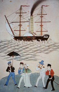 Kinesisk maleri av det første britiske dampskipet og passasjerene som landet i Canton ca. 1840 (se også 268028) av Chinese School