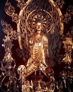 Detalj av en altertavle dedikert til Buddha Maitreya, 524 (forgylt bronse) av Chinese School
