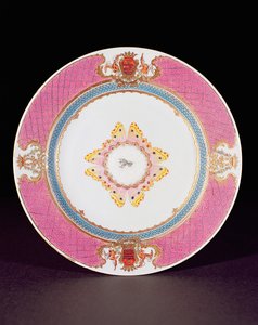 Middagstallerken malt i Famille Rose-emaljer med armene fra Grimaldi di Castro, Yongzheng-perioden (1723-35) ca. 1735 (porselen)
