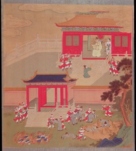 Keiser Chin Wang Ti (r.221-210 f.Kr.) brenner alle kinesiske bøker og kaster akademikerne i en dyp kløft, fra en historie med kinesiske keisere i 213 f.Kr. (farge på silke) av Chinese School