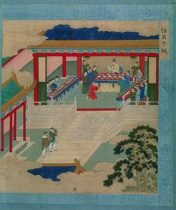 Keiser Hui Tsung (r.1100-26) deltar i en festival der han drikker fra en kopp laget av edelstein, fra en historie med kinesiske keisere (farge på silke) av Chinese School