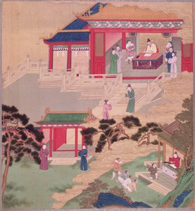 Keiser Tai Tsung (r.762-779) leser en medisinsk bok, fra en historie med kinesiske keisere (farge på silke) av Chinese School