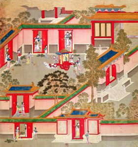 Keiser Wu Ti (156-87, r.141-87 f.Kr.), forlater palasset sitt, fra en historie med kinesiske keisere (farge på silke) av Chinese School