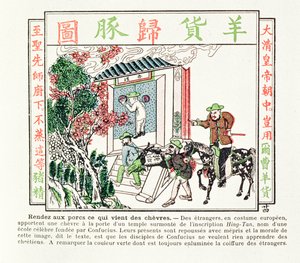Europeiske utlendinger ved porten til et Konfucius-tempel - deres gave av en geit blir nektet med forakt, 1891 av Chinese School