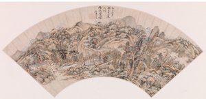 Vifte som viser et fjellandskap (blekk på papir) av Chinese School