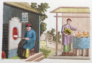 Brenning av porselen i Kina på slutten av 1700-tallet, fra La Chine en Miniature, av J.B. Breton, Paris, redigert av Nepveu, 1811 (fargegravering)