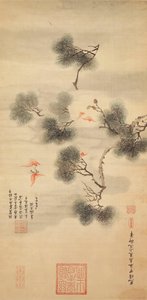 Fem flaggermus midt i en furugren, 1844 av Chinese School