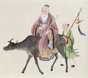 Lao-Tzu (ca. 604-531) på bøffelen sin, etterfulgt av en disippel (wc på papir) av Chinese School