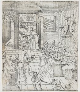 Lazarus at the House of the Rich Man, tallerken fra Giulio Alenis Tianzhu jiangsheng zhuxiang jingjie (En illustrert historie om himmelens Herre som ble inkarnert i kjødet), Jinjiang kirke, Fu av Chinese School