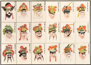 Sminke design for kinesiske operakarakterer (farget treblokk på papir) av Chinese School