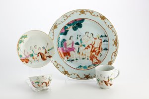 Tallerken, tebolle, kaffekopp og tallerken dekorert med representasjoner av dommen i Paris (porselen)
