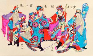 Trykk av en kinesisk operascene (fargetre på papir) av Chinese School