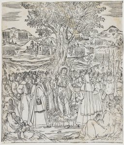 Døperen Johannes forkynner, tallerken fra Giulio Alenis Tianzhu jiangsheng zhuxiang jingjie (En illustrert historie om himmelens Herre som ble inkarnert i kjødet), Jinjiang kirke, Fujian av Chinese School