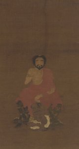 Sakyamuni sitter på tre demonlignende skapninger, muligens Yuan-tidlige Ming-dynastiet, 1300-1400-tallet