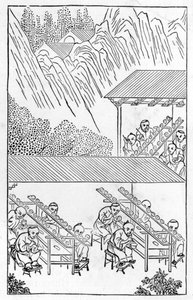 Studio med malere i emalje, fra en serie illustrasjoner om fremstilling av Kina (se 384116 og 384117 for hele serien) av Chinese School