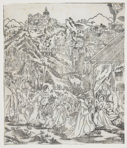The Adoration of Christ, tallerken fra Giulio Alenis Tianzhu jiangsheng zhuxiang jingjie (En illustrert historie om himmelens Herre som ble inkarnert i kjødet), Jinjiang kirke, Fujian-provinsen av Chinese School