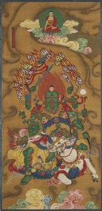 The Buddhist Guardian Mahabala, fra et buddhistisk land- og vannritualsett (blekk, farger og gull på silke) av Chinese School