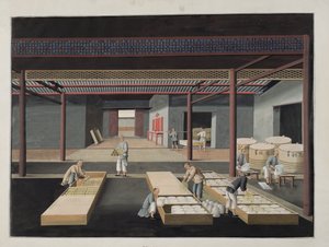 The Crating and Packing of Bowls and Dishes, plate 12 i en serie på tolv som viser prosessen med kinesisk porselenproduksjon, 1800-tallet av Chinese School