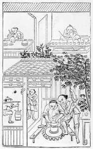 Dreieservanter, fra en serie illustrasjoner om fremstilling av porselen (se 384116 og 384117 for hele serien) av Chinese School