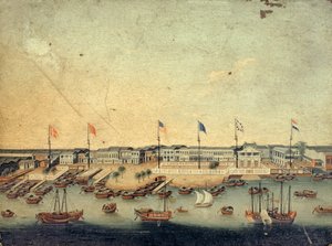 Utsikt over Hongs i Canton med de danske, østerrikske, amerikanske, svenske, britiske og nederlandske fabrikkene (olje på kobber) av Chinese School