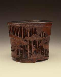 Stor børstekrukke med de syv vismenn fra bambuslunden på deres litterære sysler i en bambusskog, Kang-hsi-perioden (1662-1722), Ching-dynastiet (utskåret bambus)