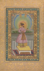 Shah Jahan på en terrasse, holder et anheng med sitt portrett, folio..., 1627-28. av Chitarman