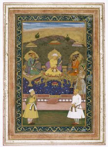 Keiserne Akbar, Jahangir og Shah Jahan med deres ministre og prins Dara Shikoh, ca. 1630-40 av Chitarman
