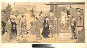 En forkledd scene fra Fortellingen om Genji (Fūryū Yatsushi Genji), kapittel 33, «Blåregnblader (Fuji no uraba)» av Chobunsai Eishi