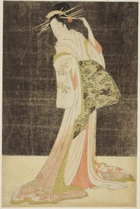 Et utvalg av skjønnhet fra fornøyelseskvarteret (Seiro bijin awase): Kurtisaner ansatt for nyttårsferien - Takigawa of the Ogiya, ca. 1794 (farget treblokktrykk; oban)