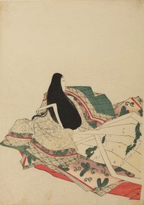 Sittende hoffdame, sett trekvart bakfra, plansje fra albumet: Nishiki-zuri onna sanju rokkasen e-zukushi av Chobunsai Eishi