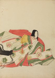 Sittende hoffdame med en gul vifte, plansje fra albumet: Nishiki-zuri onna sanju rokkasen e-zukushi av Chobunsai Eishi
