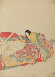 Sittende hoffdame med gul vifte, plansje fra albumet: Trettiseks kvinnelige poeter / Nishiki-zuri onna sanju rokkasen e-zukushi av Chobunsai Eishi