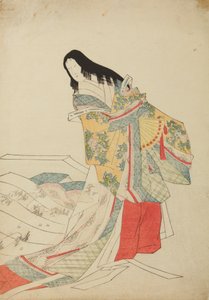 Stående hoffdame med vifte, plate fra albumet: Nishiki-zuri onna sanju e-zukushi av Chobunsai Eishi