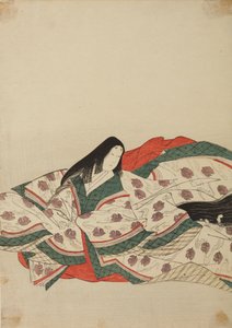 Hoffdame i hvit kimono med et mønster av andunger på vannet, tavle fra albumet: Nishiki-zuri onna sanju rokkasen e-zukushi av Chobunsai Eishi
