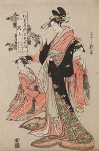 Oiran Seyama fra huset Matsuba-ya med sine kamuro Iroka og Yukari, fra serien: Åpningsfeiring for det nye huset Matsuba-ya av Chobunsai Eishi