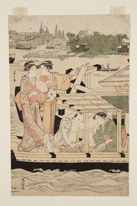 Lystbåter på Sumida-elven under Shin-?hashi-broen (farget treblokktrykk) av Chobunsai Eishi