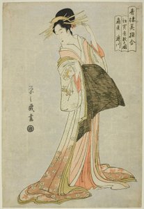 Takigawa fra Ogiya i det første salget av det nye året (Hatsu uri zashiki no zu), fra serien "A Comparison of Selected Beauties of the Pleasure Quarters (Seiro bisen awase)" av Chobunsai Eishi