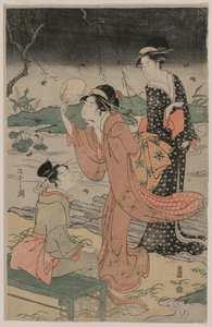 Kvinner ved siden av en bekk som jager ildfluer, midten av 1790-tallet. av Chobunsai Eishi