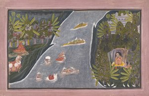 Radha krysser en elv for å intervjue en hinduistisk vismann, ca. 1820.