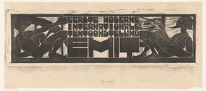 Kunngjøring eller tittelleder for First Modern International Exhibition (EMIT) i Scheveningen Første moderne internasjonale utstilling EMIT (tittel på objekt)