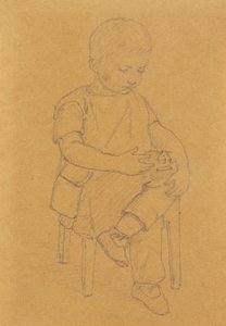 Kunstnerens sønn Peter, helfigur, sittende med et dyr eller leketøy av Christen Købke