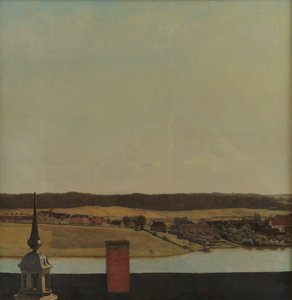 Takryggen på Frederiksborg slott med utsikt over innsjøen, byen og skogen av Christen Købke