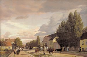 Utsikt over en gate på Østerbro utenfor København. Morgenlys, 1836