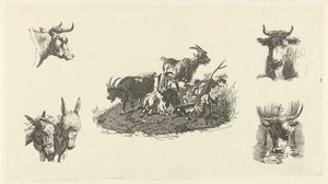 Tre geiter med kuhoder og eselhoder på hver side av Christiaan Godfried Schutze van Houten