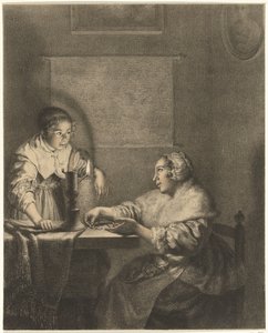 Interiør med dame og hushjelp ved levende lys